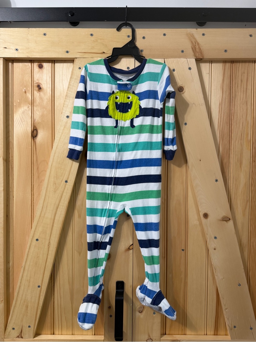 Simple Joys Striped Footed One-Piece in Blue, Green & White with Monster Patch